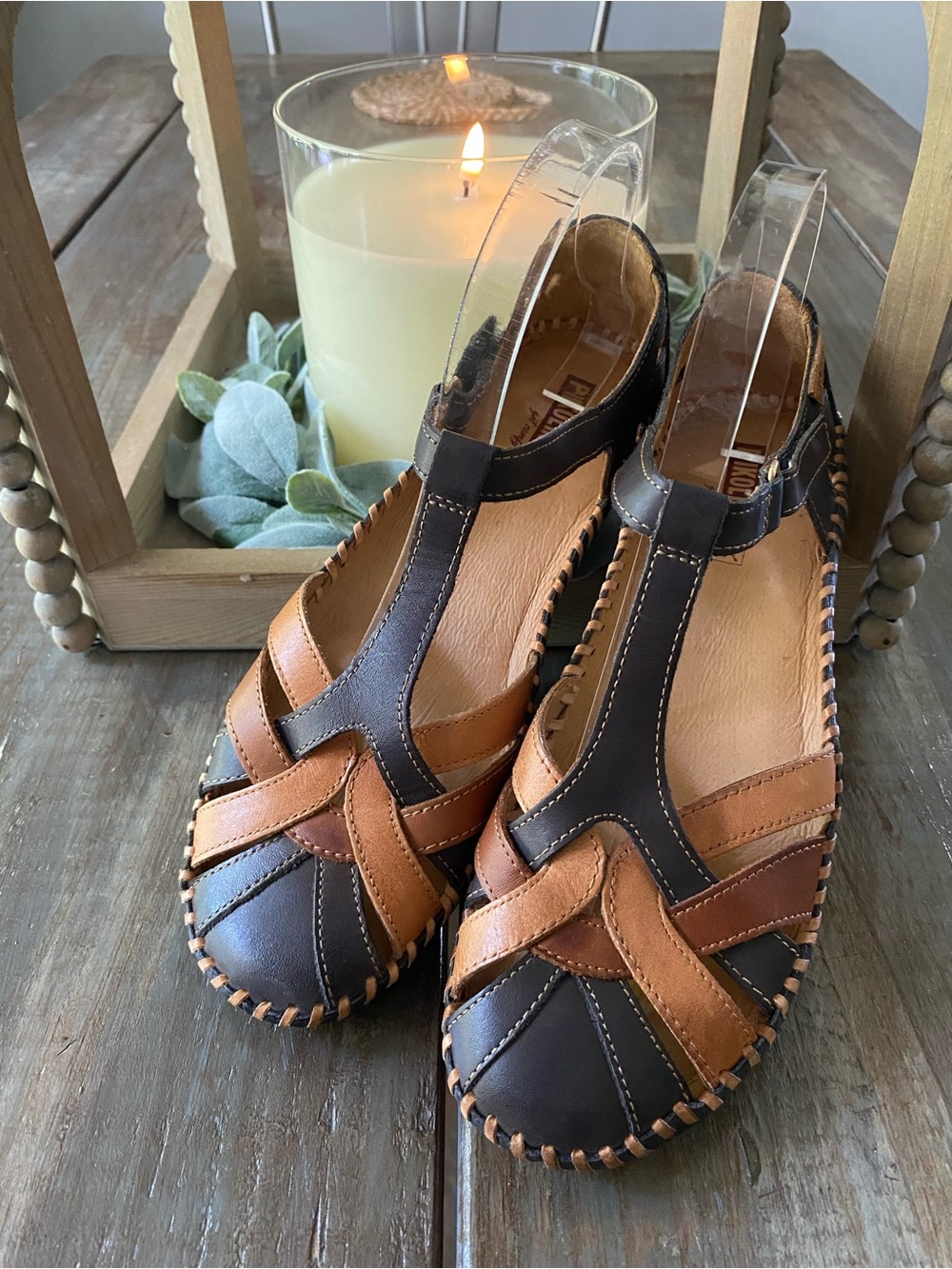 PIKOLINOS Boho Puerto Vallarta Leather Sandals Womens 38 US 7.5-8 Navy Tan Brown